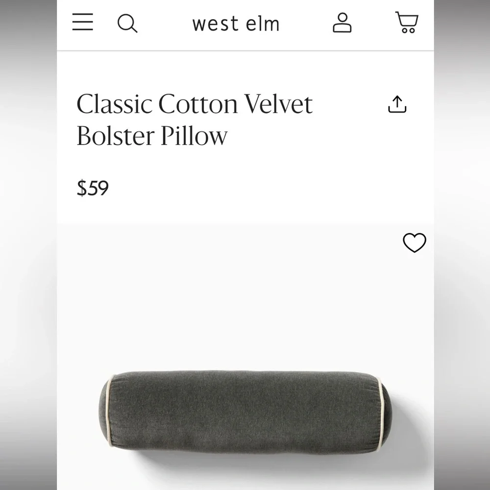 West Elm Classic Cotton Velvet Bolster Pillow Slate #1